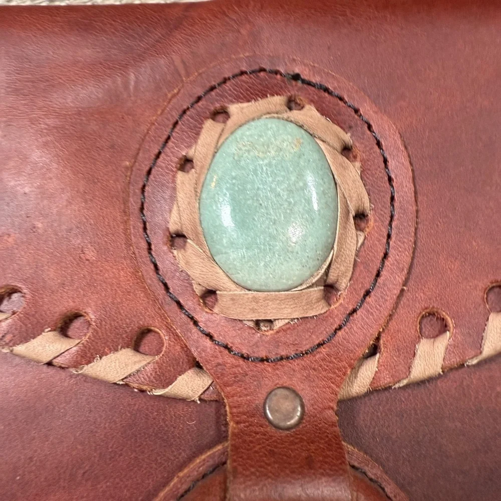 Handmade Messenger Bag‎ Genuine Leather with Jade Stone Artisan w/Adjust. Straps